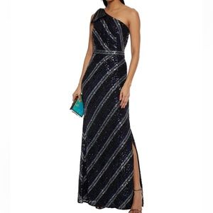 NWOT MARCHESA NOTTE One-shoulder bow-embellished striped sequined tulle gown